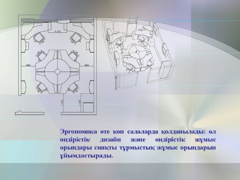 Эргономика өте көп салаларда қолданылады: ол өндірістік дизайн және өндірістік жұмыс орындары сияқты тұрмыстық
